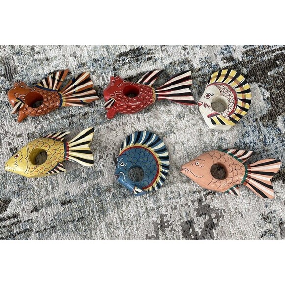 Set of 6 Wooden Hand Painted Napkin Ring Fish Tropical Island Beach Summer Ocean - Picture 5 of 8
